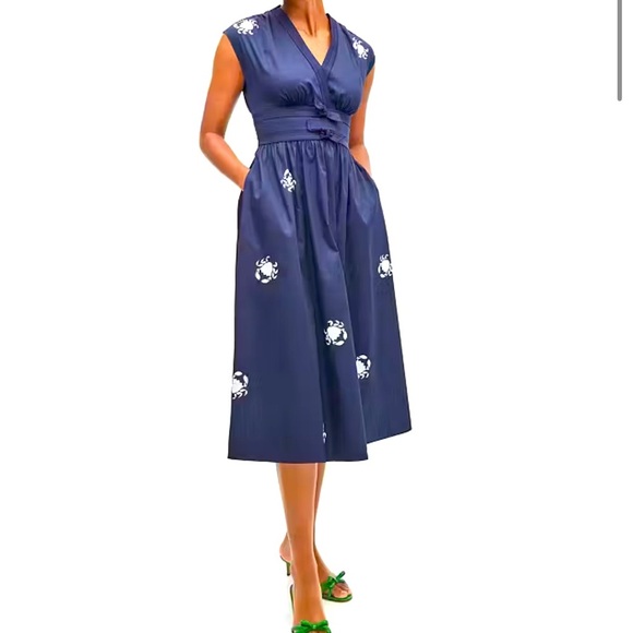 Kate Spade Poplin Bow Navy Crab Print Midi Dress Sz 4 NAVY Blue V-Neck Pockets - Picture 1 of 16
